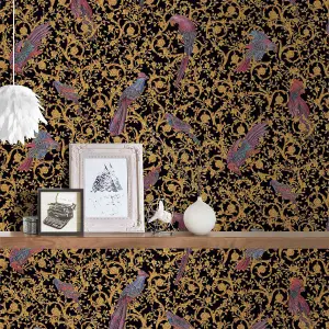 Versace Barocco Birds Wallpaper - Black and Gold - 37053-1 - 10m x 70cm