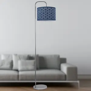 First Choice Lighting Chrome Arched Floor Lamp with Navy Blue Laser Cut Shade