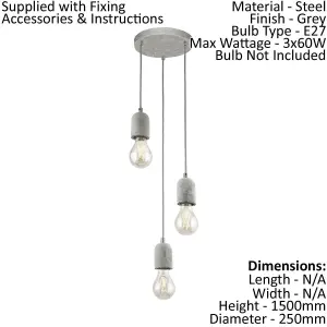 Pendant 3 Bulb Ceiling Light Steel Rose Grey Concrete Shade Bulb E27 3x60W