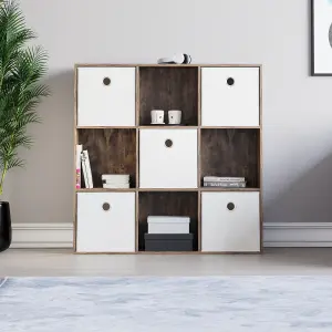 Vida Designs Durham Dark Wood 3x3 Cube Storage Unit & Set of 5 White Foldable Cube Storage Baskets