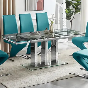 Rihanna Extending Clear Dining Table With 6 Demi Z Teal Chairs