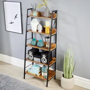 Home Source Urban Narrow 5 Tier Ladder Bookcase Shelving Storage Black and Rustic Wood Effect