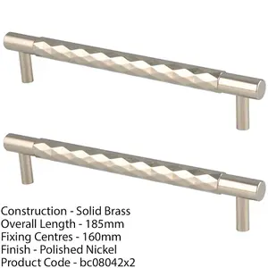 2 PACK - Diamond T Bar Pull Handle - Polished Nickel - 160mm Centres SOLID BRASS Drawer