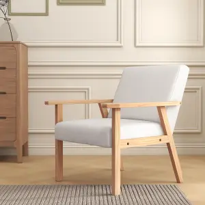 HOMCOM Accent Chair with Wood Frame Wide Seat Linen Armchair Cream White