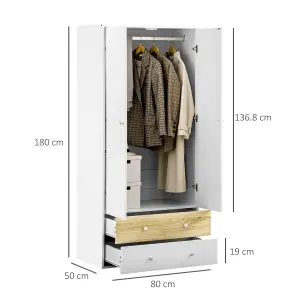 HOMCOM 2 Door Wardrobe White Wardrobe with Drawers and Hanging Rod for Bedroom