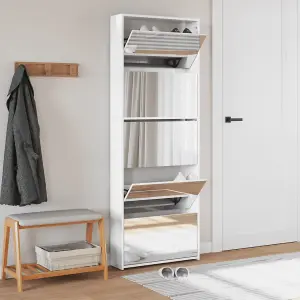 Berkfield Shoe Cabinet with Mirror 5-Layer High Gloss White 63x17x169.5 cm