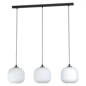 Pendant Ceiling 3 Bulb Light Colour Black Shade White Ridged Glass E27 3x40W