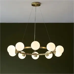 Multi Arm Hanging Ceiling Pendant Light - Satin Brass Plate & Gloss White Glass Shade - 10 x 3W LED G9