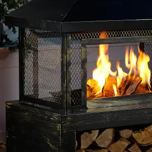 Neo Black Outdoor Fire Pit Log Burner With Mesh Surround and Storage