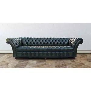 Chesterfield 4 Seater Antique Green Leather Buttoned Seat Sofa In Balmoral Style