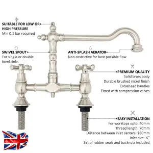 ENKI Langley Brushed Nickel Traditional Bridge Crosshead Steel Mixer Tap for Kitchen Sink