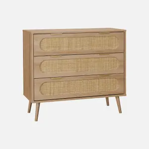 sweeek. 3-drawer chest with wood and rounded cane rattan Eva Natural 90x39x79 cm