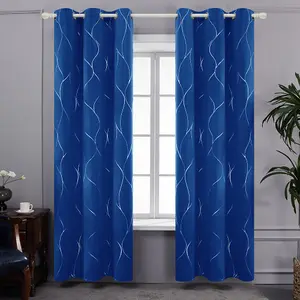 Deconovo Eyelet Blackout Curtains Thermal Silver Wave Line Foil Printed Curtains for Living Room, 46 x 72 Inch, Royal Blue, 1 Pair