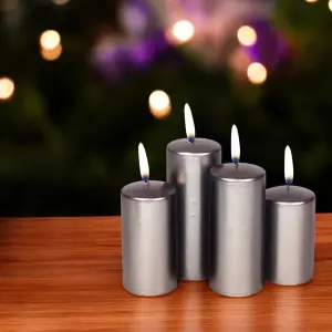 URBNLIVING Mix Set of 4 variable Sizes Decorative Christmas Silver Pillar Wax Candles for Wedding Church Party & Home Decor