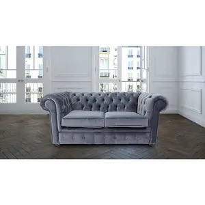 Chesterfield 2 Seater Sofa Malta Grey Blue Piping Velvet Fabric In Classic Style