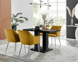 Furniturebox Imperia 4 Modern Black High Gloss Dining Table & 4 Mustard Calla Silver Leg Chairs