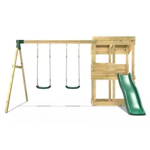 Rebo Wooden Lookout Tower Playhouse with 6ft Slide & Swings - Bryce