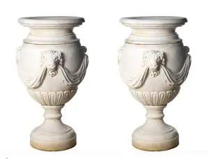 Pair of Extremely Large Draped Lion Head Garden Urns