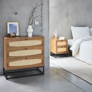 sweeek. 3-drawer chest with wood and cane effect Retro Natural 40x80x80 cm