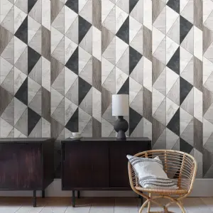 Grandeco Woodblock Geometric Vigo Textured Wallpaper,  Grey