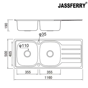 JASSFERRY Large Kitchen Sink Stainless Steel Matt Inset Double Bowl Reversible Drainer