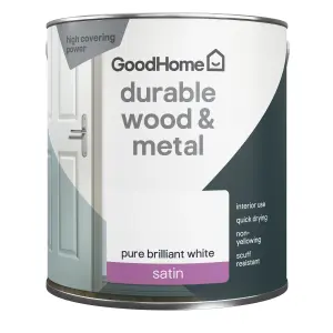 GoodHome Durable Pure Brilliant White Satinwood Metal & wood paint, 2.5L