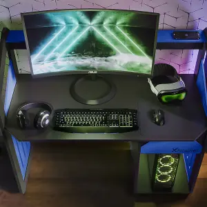 X-Rocker Battalion Gaming Desk 120cm Wide PC Computer Table with Drawer and Shelves - Blue