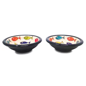 Signature Coloured Fish Hand Painted Ceramic Set of 2 Tapas Bowls Blue Rim (Diam) 12cm