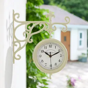 York Station Wall Mounted Quartz Clock & Thermometer - Battery Powered Weatherproof Double-Sided Home Garden Decoration - Cream