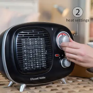 Russell Hobbs Fan Heater 1500W Portable Electric Retro Black Ceramic Heater RHRETPTC2001B