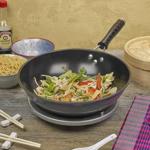 Homiu 30cm Non-Stick Wok, Deep Stir Fry Carbon Steel Pan, Induction Safe, Heat-Resistant Ribbed Handle