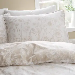 Bianca Brushed Cotton Floral Toile Reversible Duvet Cover Set with Pillowcase Natural