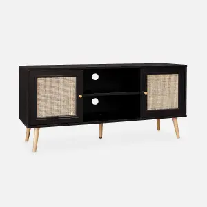 sweeek. 120cm TV stand with wooden and cane effect Boheme Black 120x39x56.5 cm