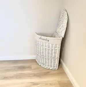 White Corner Wicker Laundry Basket with Cotton Lining Medium 48x37x52cm