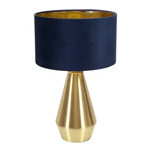 ValueLights Jax Gold Dimmable Touch Table Lamp with Navy Blue Velvet with Gold Inner Lamp Shade