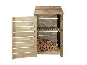 Slatted wooden log store with door and kindling shelf W-99cm, H-180cm, D-88cm - natural (light green) finish