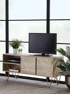 Light Gold Plasma Media Unit - Solid Mango Wood - L45 x W140 x H60 cm