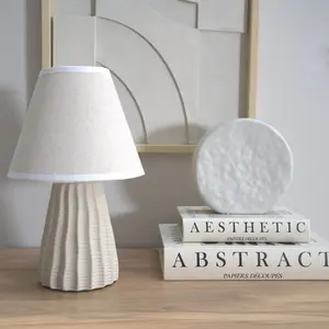 ValueLights Saskia Natural Ceramic Textured Base Bedside Table Lamp with Linen Tapered Shade