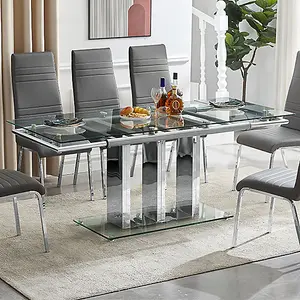 Rihanna Extending Clear Dining Table With 6 Ravenna Teal Chairs