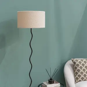 ValueLights Black Metal Wavy Stem Floor Lamp with a Cream Boucle Shade