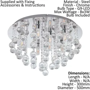 Flush 8 Bulb Ceiling Light IP44 Colour Chrome Clear Crystal Bulb G9 8x3W Incl