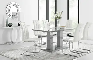 Imperia Grey High Gloss 6 Seater Dining Table with Structural 2 Plinth Column Legs 6 White Padded Faux Leather Murano Chairs