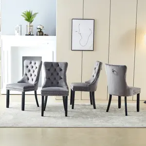 Marvin Oak Wood Veneer Dining Table and 4 Grey Luxury Velvet Dining Chairs Dining Room Furniture Sets