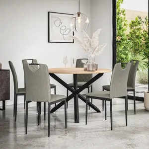 Malvern Round Dining Table And Chairs -  Oak Table Top w Solid Oak Black Legs + Monza Fabric Dining Chair Set Of 6 (Grey)