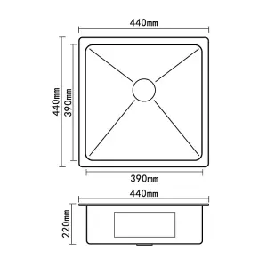 POLLOR Square Gunmetal Inset & Undermount Kitchen Sink 440x440mm With Drainer Black