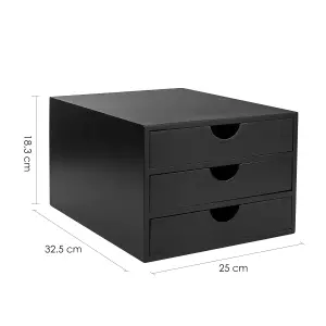 Woodluv 3 Drawer Bamboo Home Office Desktop Tidy A4 Sturdy Stationary Storage Organiser Unit, Black - W25 X D33 X H18.5cm