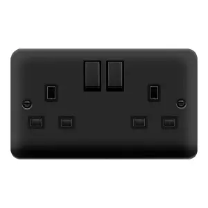 Curved Matt Black 2 Gang 13A DP Ingot Twin Double Switched Plug Socket - Black Trim - SE Home