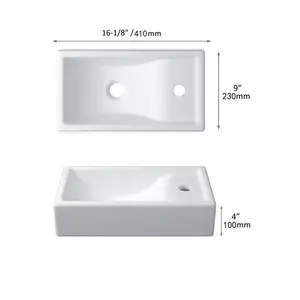 16-Inch Wall Hung Basin Sink Combo, Small Cloakroom Basin, Rectangle Ceramic Bathroom Wash Basin - Right Hand Sink Set (Include Faucet & Pop-up Drain)