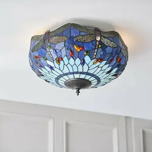 Tiffany Glass Semi Flush Ceiling Light Blue Dragonfly Inverted Shade i00044