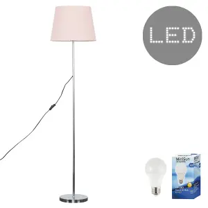 ValueLights Modern Standard Floor Lamp In Polished Chrome Metal Finish With Pink Tapered Shade With 6w LED GLS Bulbs In Warm White